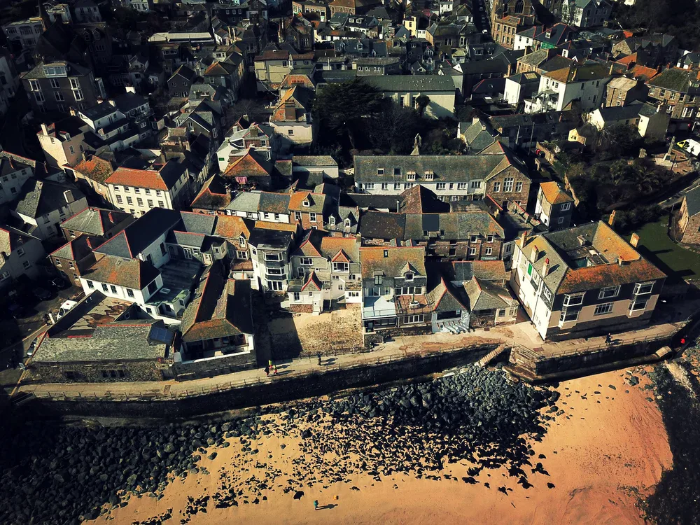 An aerial view of St Ives and the Cornish shoreline